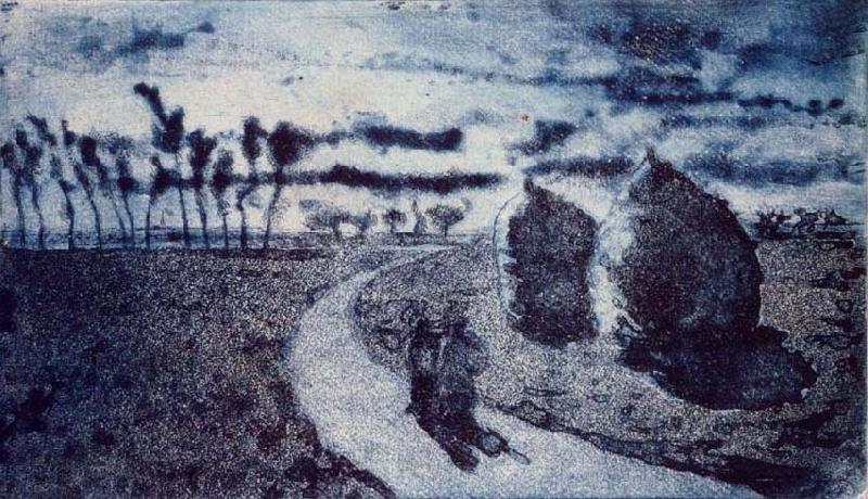 Camille Pissarro Twilight with Haystacks